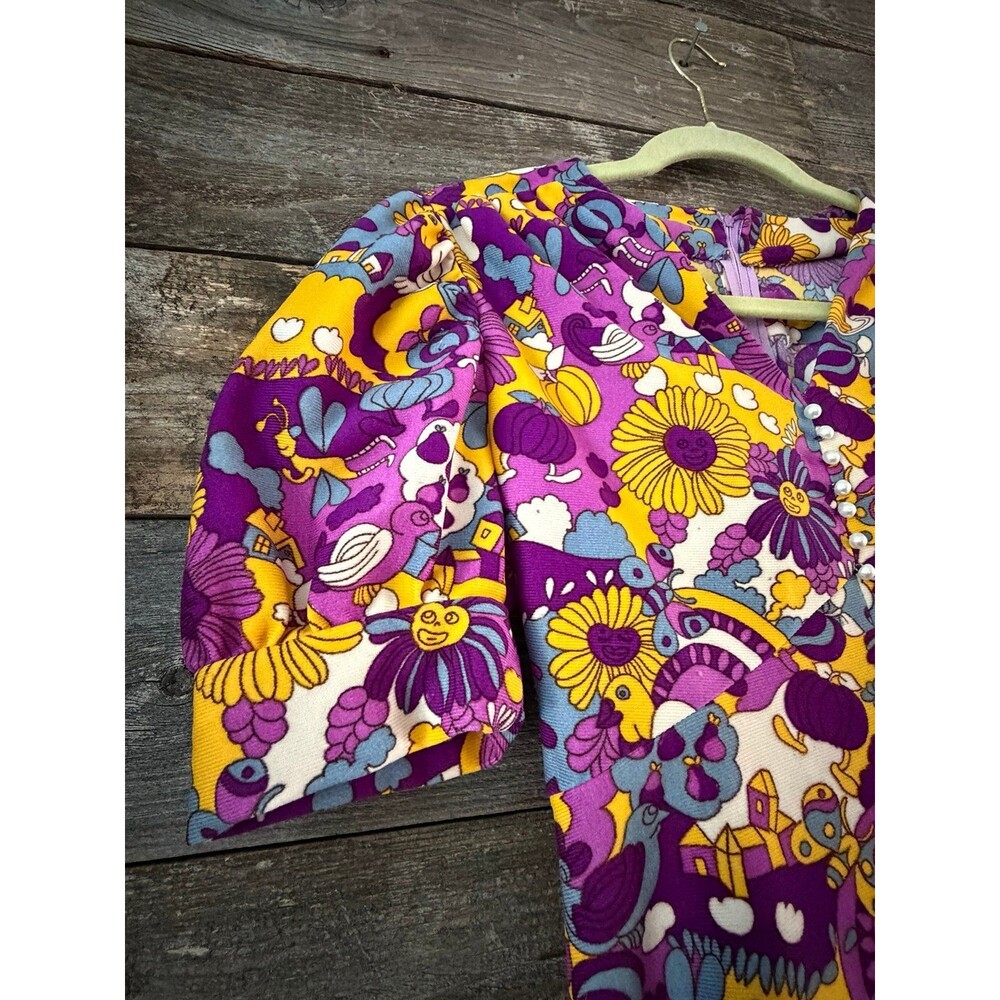 Vintage 60s 70s Handmade Psychedelic Novelty Print Mini Dress Puff Sleeve XS - Picture 4 of 8